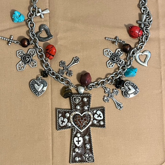 Beautiful Western Charm Cross Necklace and Earring Set Multiple Charms - Picture 2 of 6